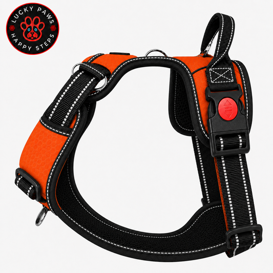 Orange LuckyPaws Reflective Chest Harness for dogs, featuring adjustable straps and reflective material for visibility and safety.