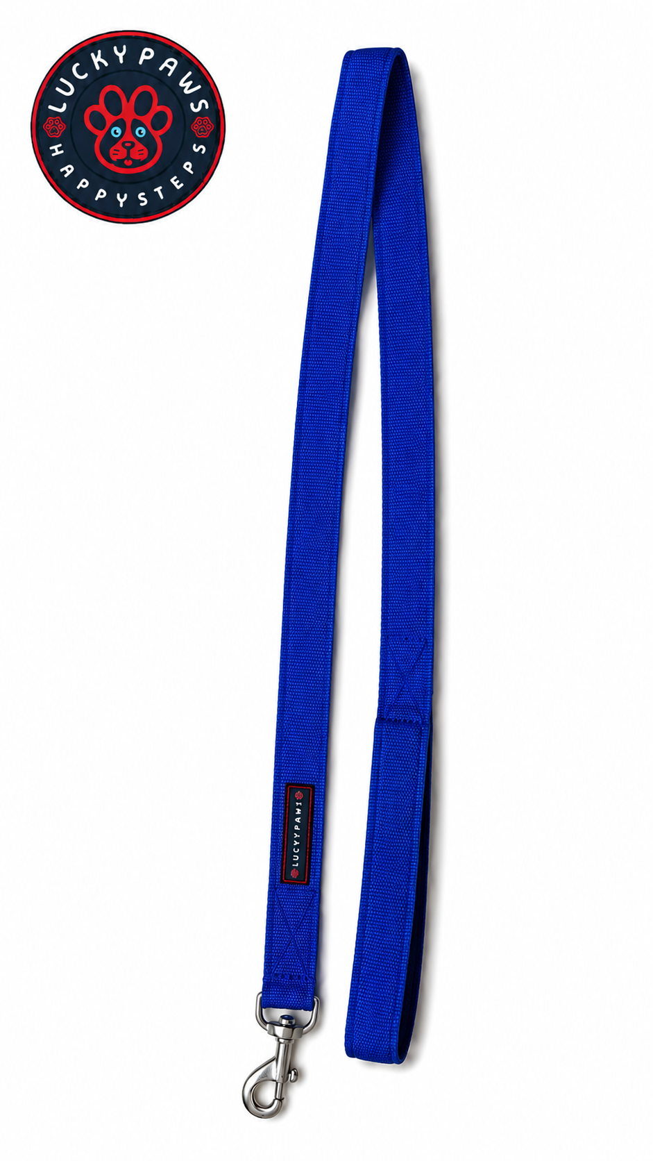 Blue LuckyPaws dog leash with sturdy handle and metal clip, designed for secure walking and training.