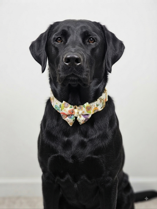 LuckyPaws floral pet collar with a detachable bow tie, featuring a colorful floral design and adjustable strap for pets.
