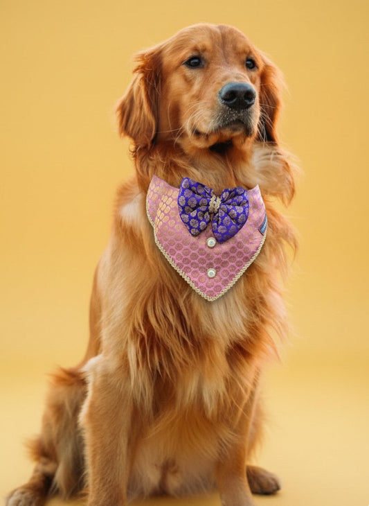 LuckyPaws Ethnic Pink Bandana With Purple Boe
