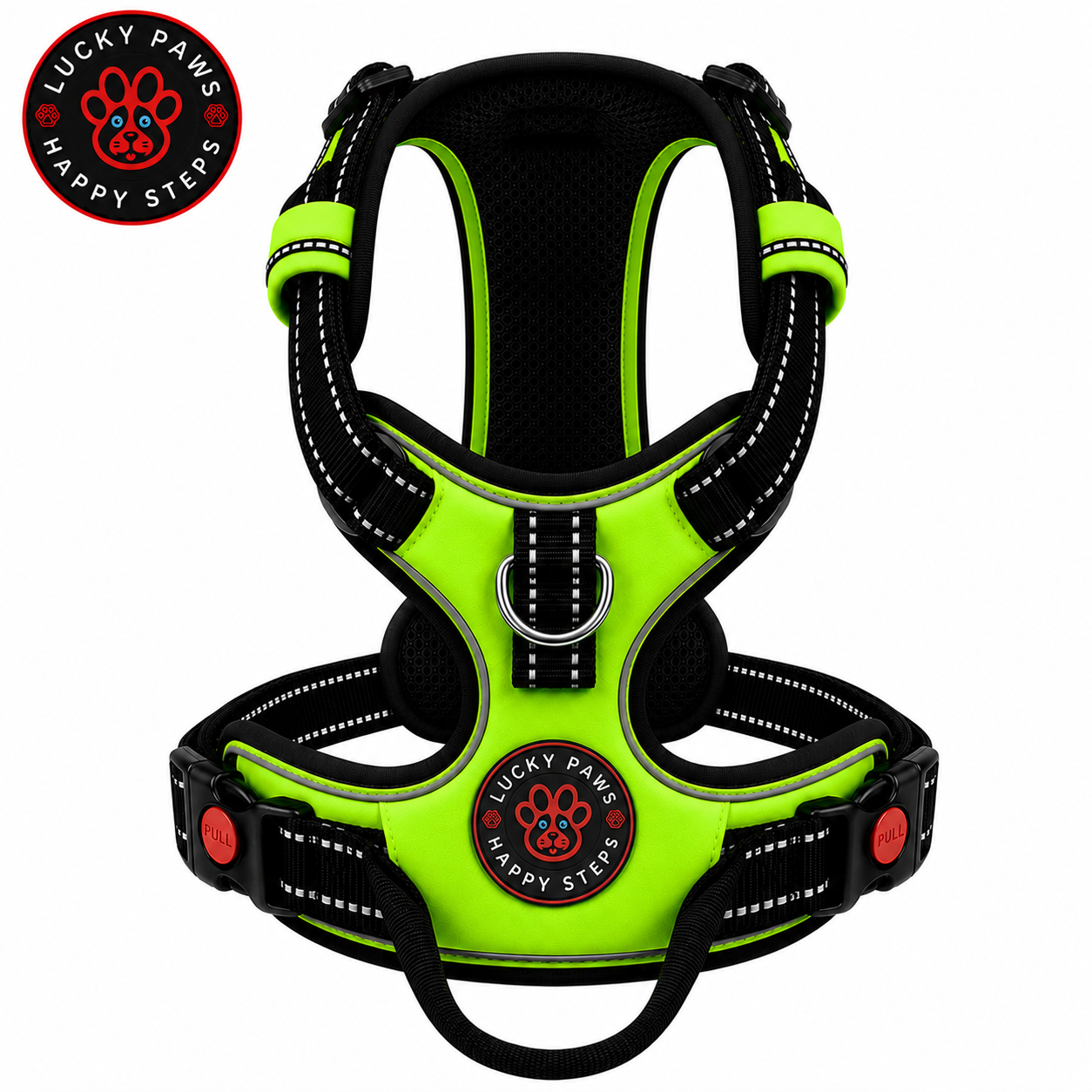 Bright neon green LuckyPaws Reflective Chest Harness on a dog, showcasing adjustable straps and reflective material for safety.