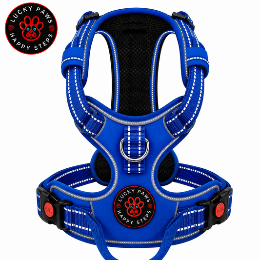 Blue LuckyPaws Reflective Chest Harness for dogs, showcasing adjustable straps and reflective material for visibility.