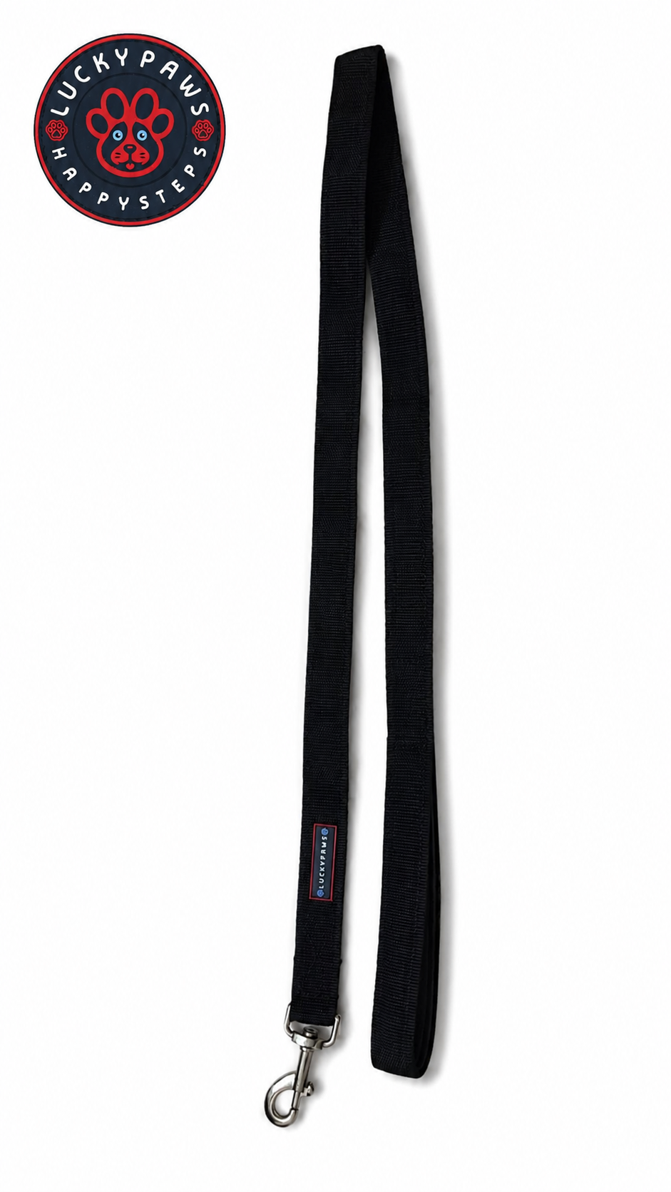 Black LuckyPaws leash for dogs, featuring durable material and comfortable handle for walking pets.