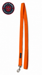 Orange LuckyPaws dog leash with a sturdy handle and metal clip, designed for secure walking and outdoor activities.