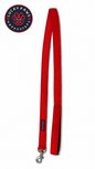 Red LuckyPaws leash for dogs, featuring a sturdy design and comfortable handle, shown laid out on a neutral background.