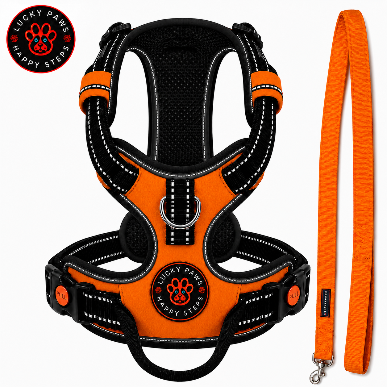 Bright orange LuckyPaws reflective dog harness with leash, showcasing adjustable chest straps and reflective detailing for visibility.