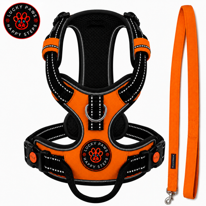 Bright orange LuckyPaws reflective dog harness with leash, showcasing adjustable chest straps and reflective detailing for visibility.