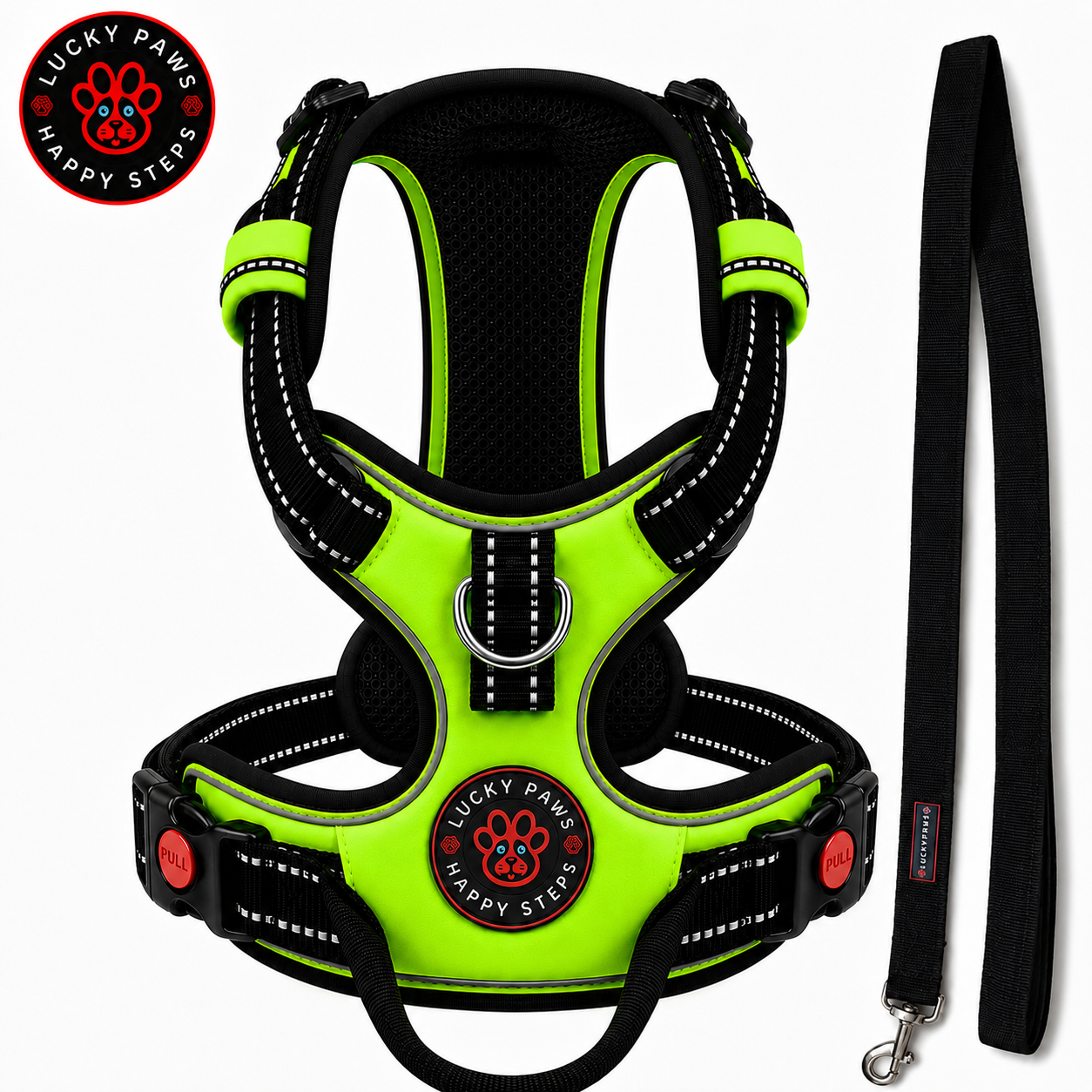 Bright neon green LuckyPaws reflective dog chest harness with leash, adjustable straps, and safety features for outdoor walks.