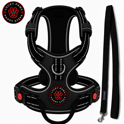Black LuckyPaws reflective chest harness with leash for dogs, shown on a pet, featuring adjustable straps and safety reflective material.