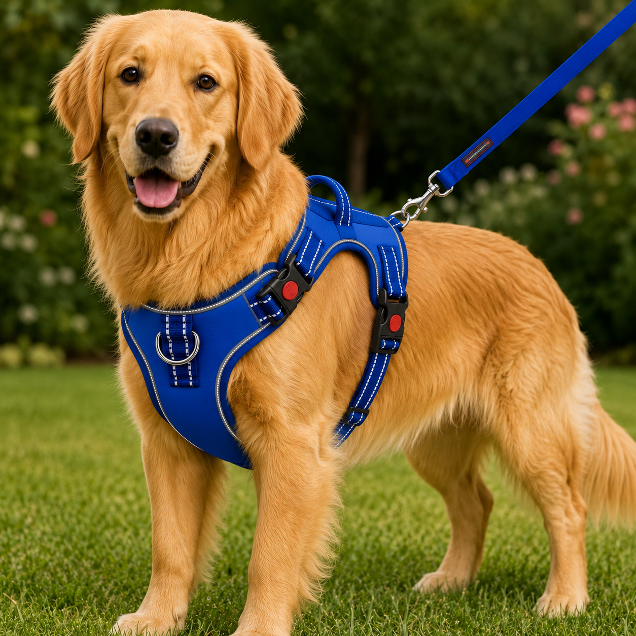 Blue LuckyPaws reflective chest harness with leash for dogs, featuring adjustable straps and safety reflective material.
