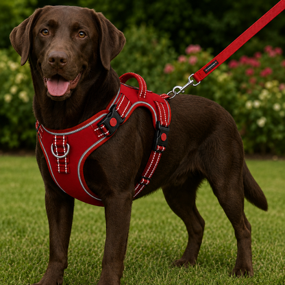 Red LuckyPaws Reflective Chest Harness for dogs, featuring adjustable straps and reflective material for visibility and safety.