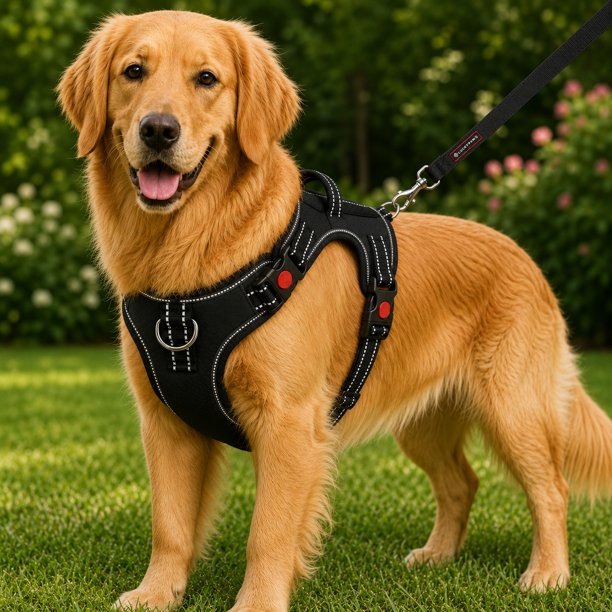 Black LuckyPaws reflective chest harness with leash on a dog, designed for safety and visibility during walks.