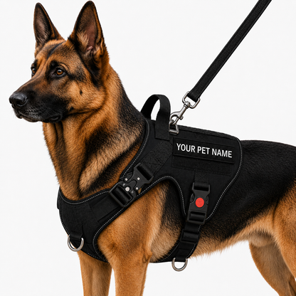 Black tactical dog harness with personalized name tag and matching leash by LuckyPaws, designed for secure and comfortable pet walking.