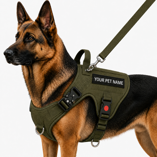 Olive green tactical dog harness with personalized lettering and matching leash from LuckyPaws, designed for durable comfort.