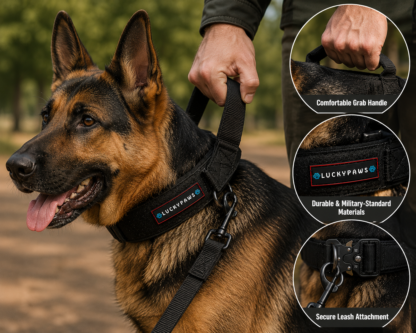 Black LuckyPaws Personalized High Strength Collar for dogs, showcasing durable design and customizable name tag.