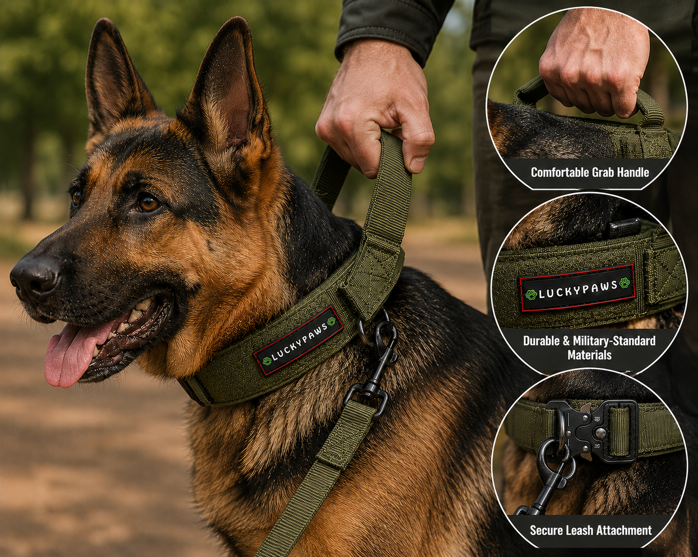 Olive green LuckyPaws personalized high-strength dog collar with engraved name tag on a pet's neck.