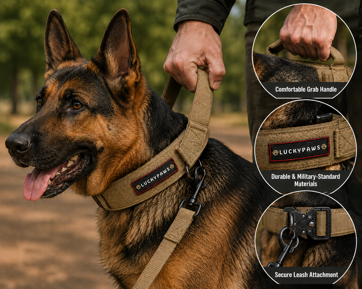 LuckyPaws personalized high strength dog collar in military brown with custom engraving and sturdy design for durability.