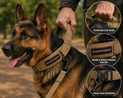 LuckyPaws personalized high strength dog collar in military brown with custom engraving and sturdy design for durability.