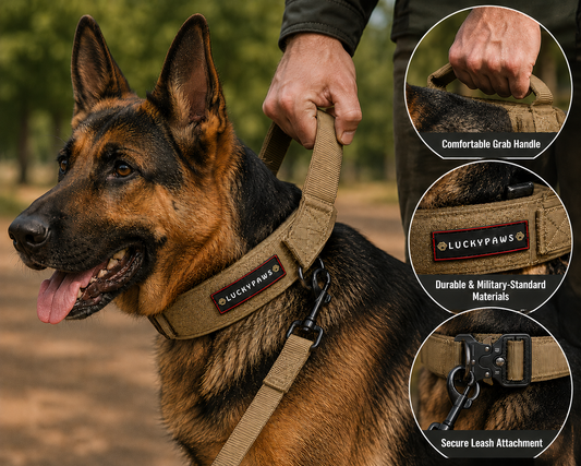 LuckyPaws personalized high strength dog collar in military brown with custom engraving and sturdy design for durability.