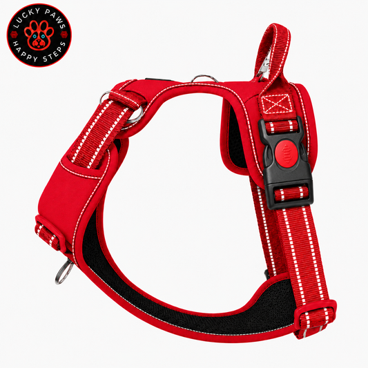 Red LuckyPaws Reflective Chest Harness for dogs with adjustable straps and reflective material for visibility.
