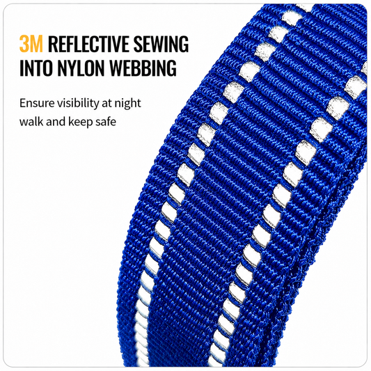 Blue LuckyPaws reflective chest harness with leash for dogs, featuring adjustable straps and padded design for comfort.