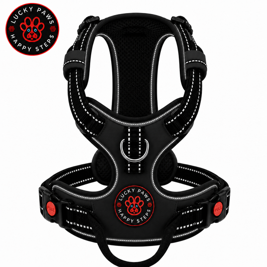 Black LuckyPaws Reflective Chest Harness for dogs, featuring adjustable straps and reflective material for visibility.
