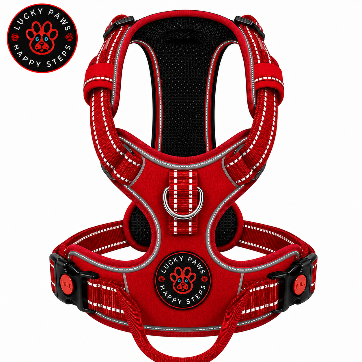 Bright red LuckyPaws reflective chest harness for dogs with adjustable straps and secure buckles, designed for safety and comfort.