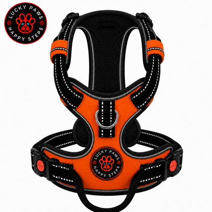Bright orange LuckyPaws reflective dog harness with adjustable straps and padded chest for secure, comfortable outdoor walks.