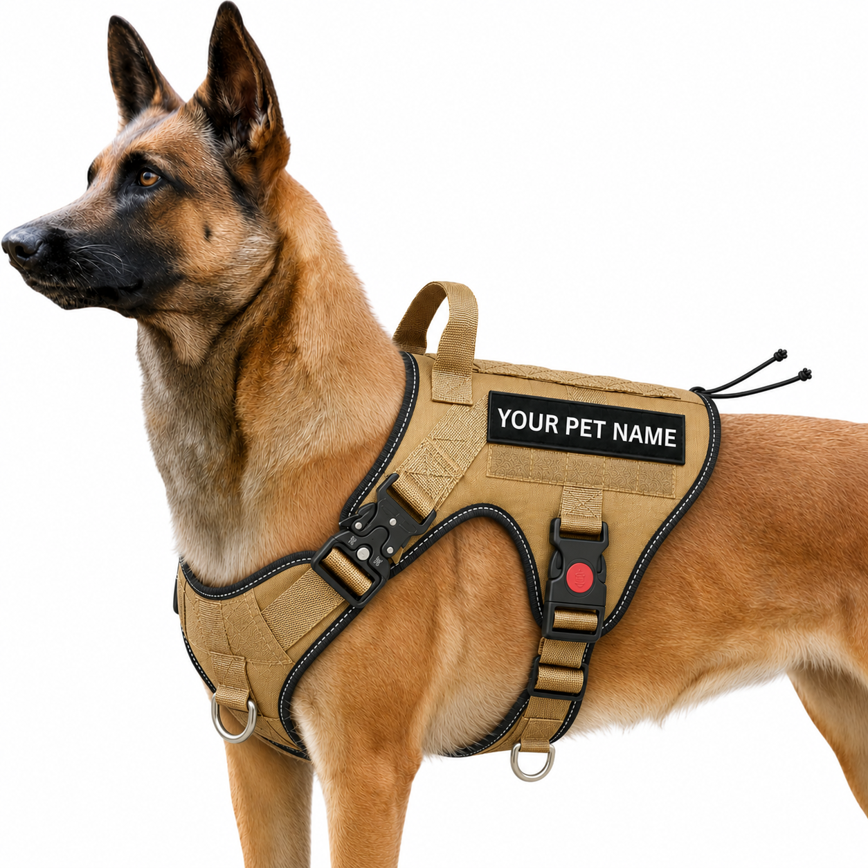 LuckyPaws personalized military brown tactical dog harness with adjustable straps and handle for secure outdoor walks.