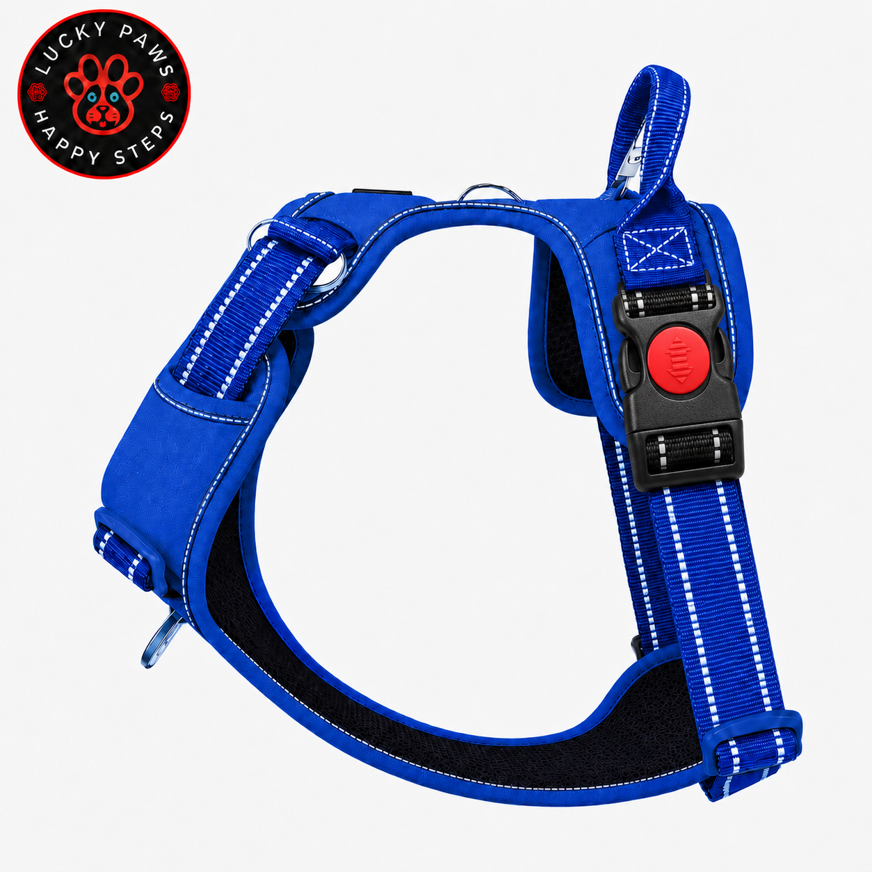 Blue LuckyPaws Reflective Chest Harness for dogs, featuring adjustable straps and reflective material for safety during walks.