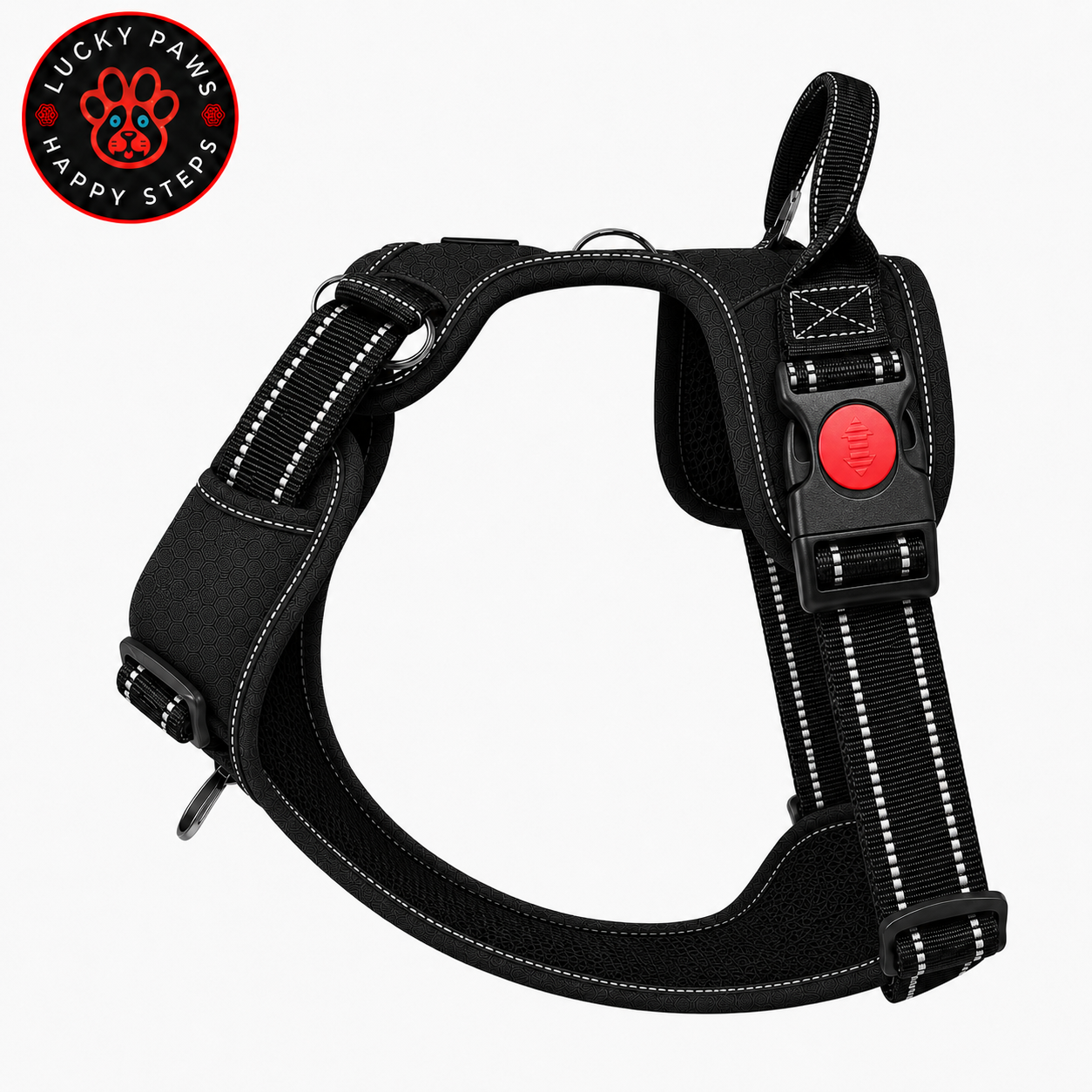 Black LuckyPaws Reflective Chest Harness for dogs, featuring adjustable straps and reflective material for visibility.