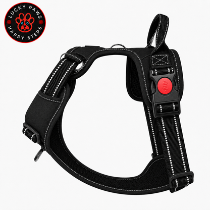 Black LuckyPaws Reflective Chest Harness for dogs, featuring adjustable straps and reflective material for visibility.