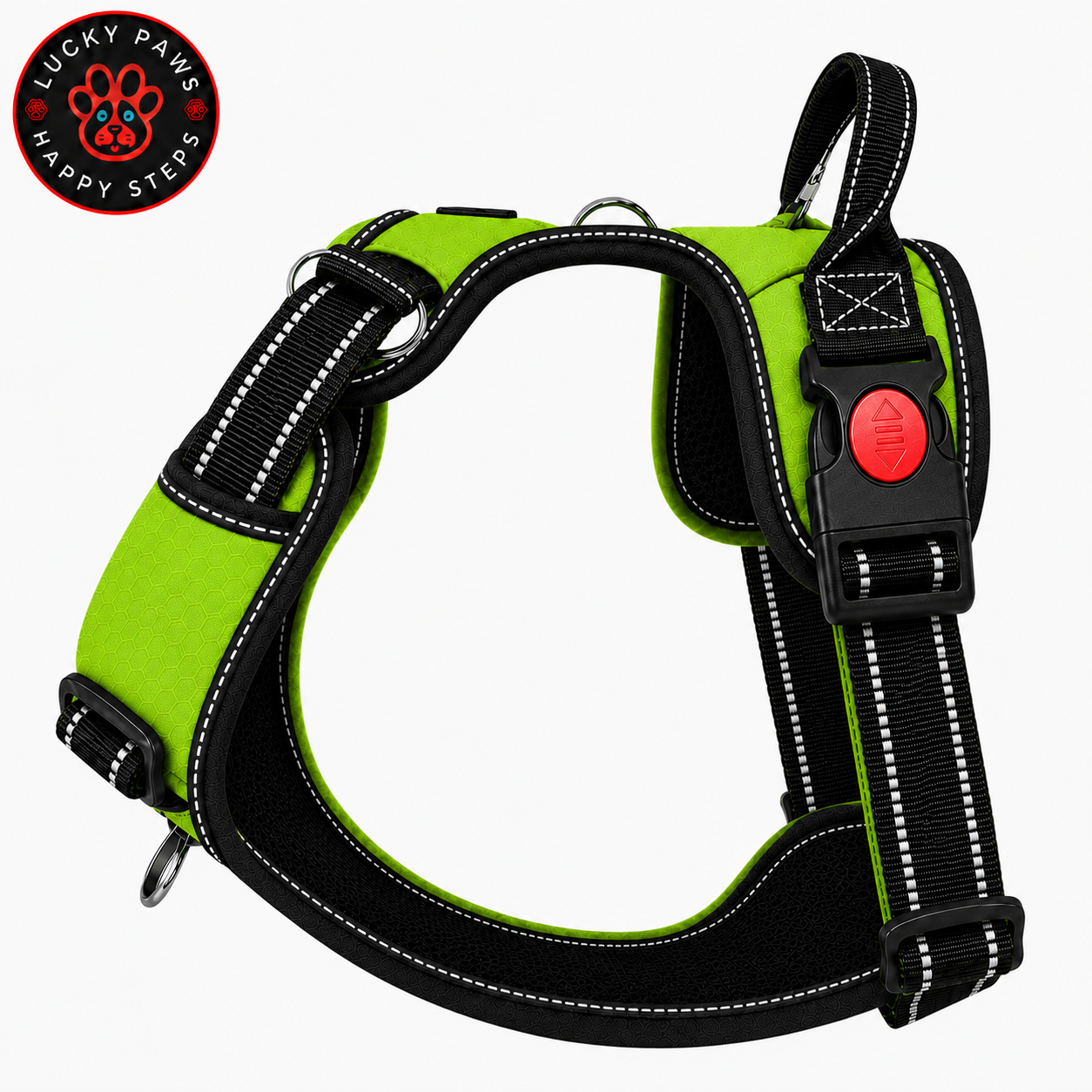 LuckyPaws neon green reflective dog chest harness with adjustable straps and safety reflective material for visibility.