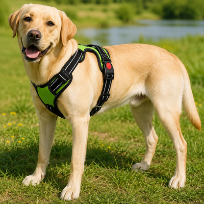 Bright neon green LuckyPaws reflective chest harness with leash for dogs, featuring adjustable straps and reflective details for visibility.