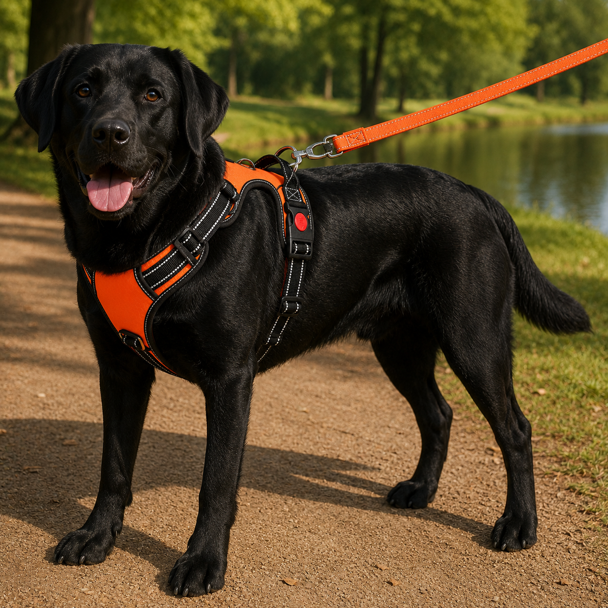 LuckyPaws orange reflective chest harness with leash for dogs, featuring adjustable straps and safety reflective material.