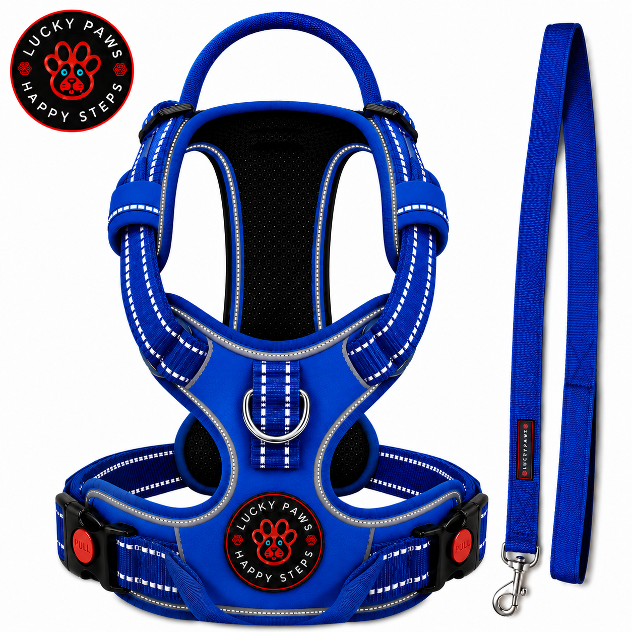 Blue LuckyPaws reflective chest harness with leash, featuring adjustable straps and padded design for secure, comfortable dog walking.