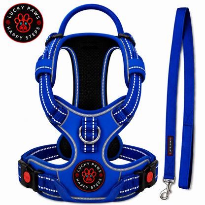 Blue LuckyPaws reflective chest harness with leash, featuring adjustable straps and padded design for secure, comfortable dog walking.