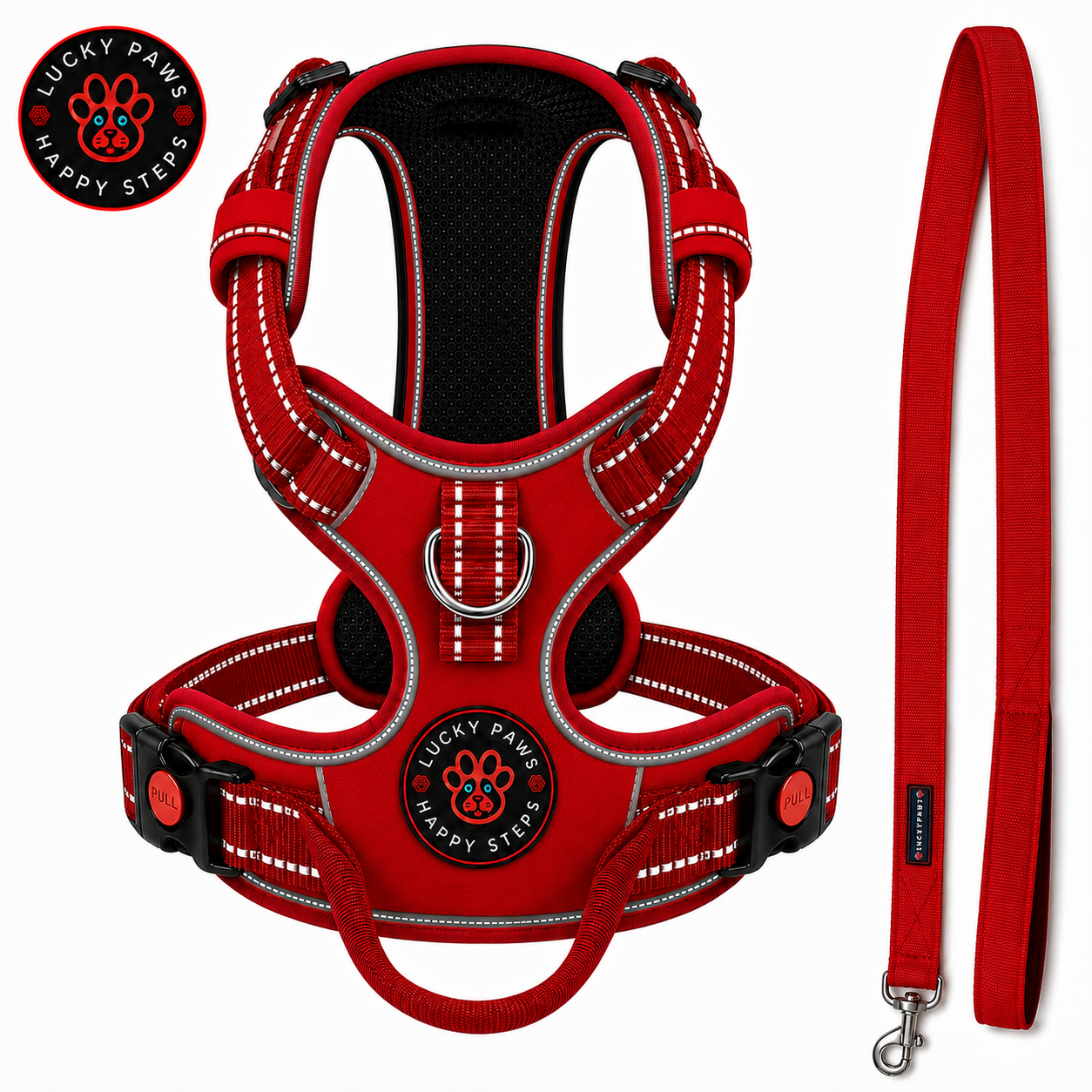 Red LuckyPaws reflective dog chest harness with leash, featuring adjustable straps and padded design for comfort and visibility.