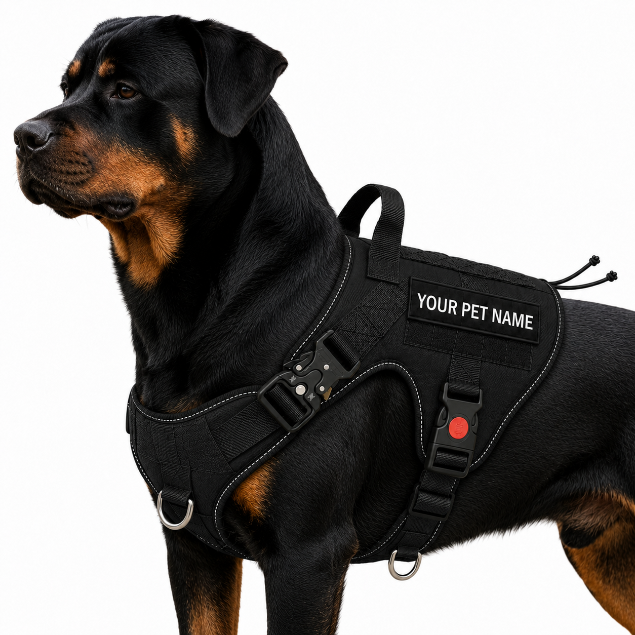 Black tactical dog harness from LuckyPaws, personalized with the dog's name, featuring adjustable straps and sturdy design.