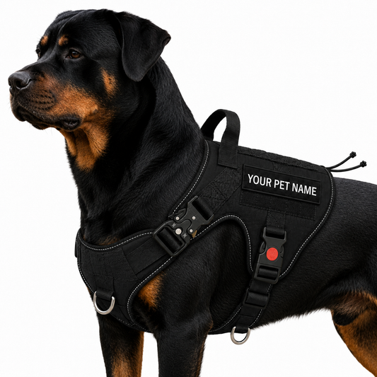 Black tactical dog harness from LuckyPaws, personalized with the dog's name, featuring adjustable straps and sturdy design.