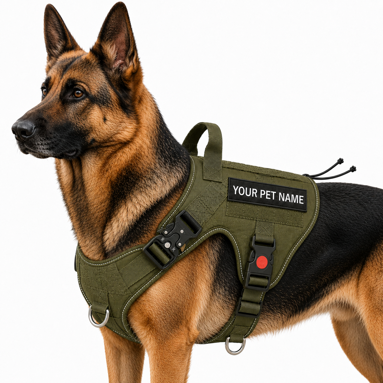 Olive green tactical dog harness by LuckyPaws with personalized name tag and adjustable straps for a secure fit.