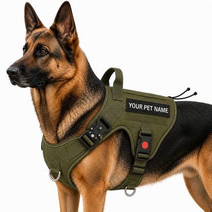 Olive green tactical dog harness by LuckyPaws with personalized name tag and adjustable straps for a secure fit.