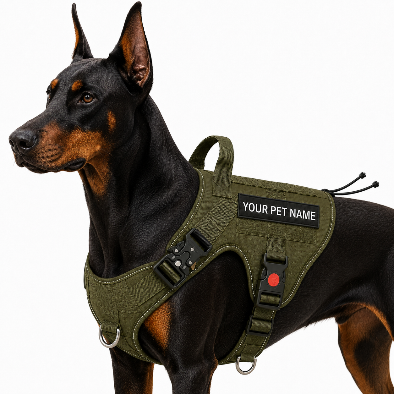 Olive green tactical dog harness by LuckyPaws with personalized name tag, adjustable straps, and sturdy design for outdoor walks