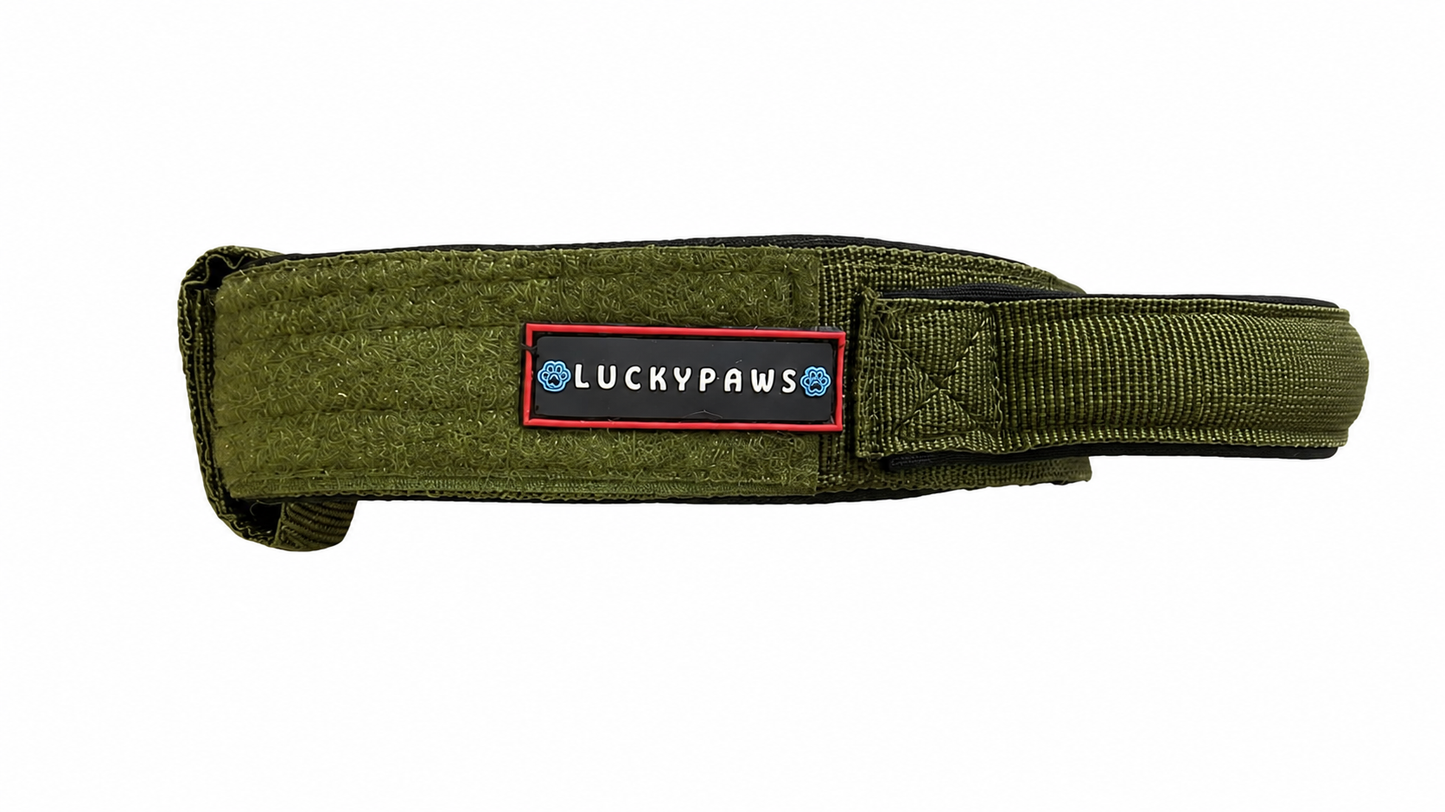 LuckyPaws personalized high-strength dog collar in olive green with custom engraving, durable nylon material for active pets.