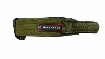 LuckyPaws personalized high-strength dog collar in olive green with custom engraving, durable nylon material for active pets.