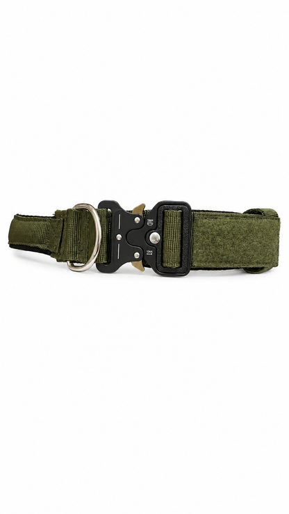 LuckyPaws personalized high strength collar in olive green with custom engraving, designed for durable pet wear.