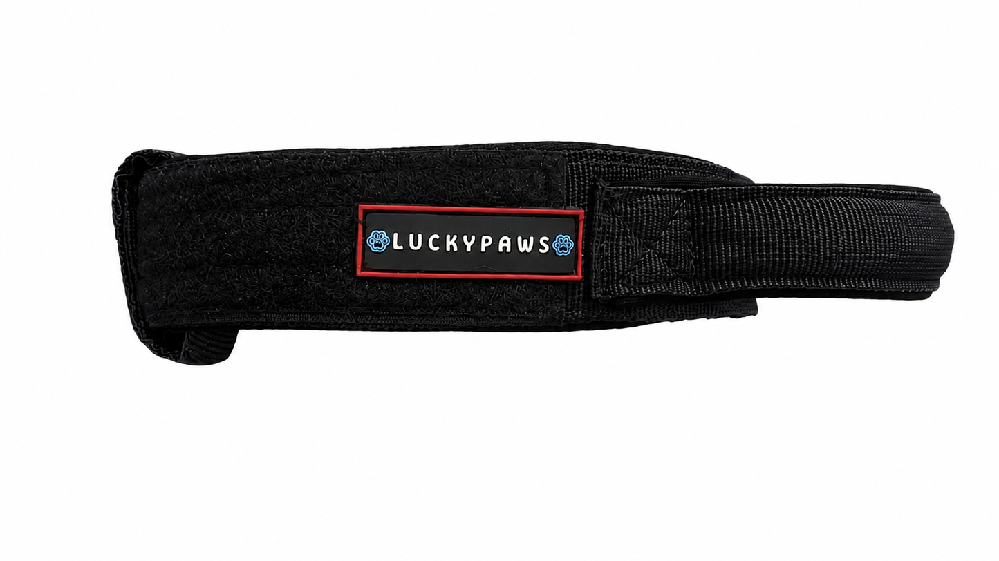 Black LuckyPaws personalized high-strength dog collar with engraved name tag and durable buckle, designed for strong dogs.