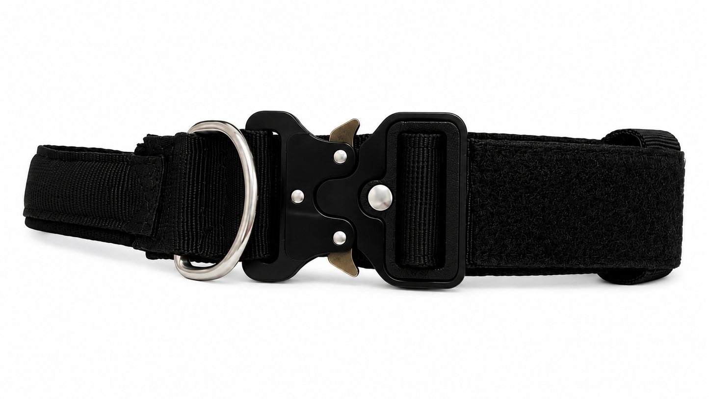 Black LuckyPaws personalized high-strength dog collar with customizable name tag and durable nylon material.