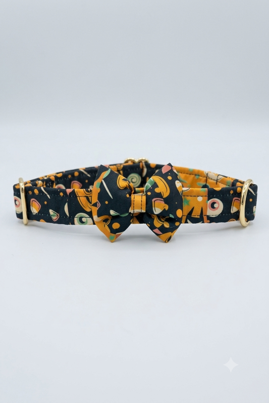 Black floral pet collar with a detachable bow tie from LuckyPaws, featuring a stylish design for cats or small dogs.