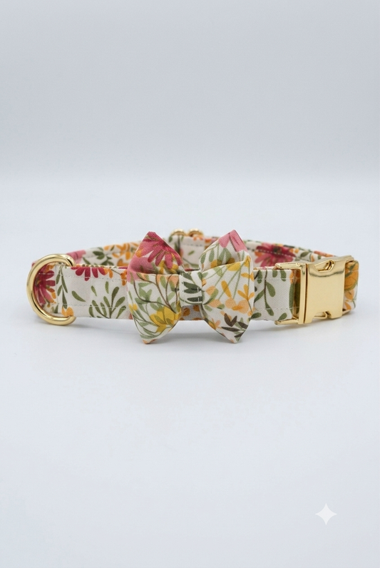 LuckyPaws white floral dog collar with a detachable bow tie, featuring a stylish and adjustable design for pets.